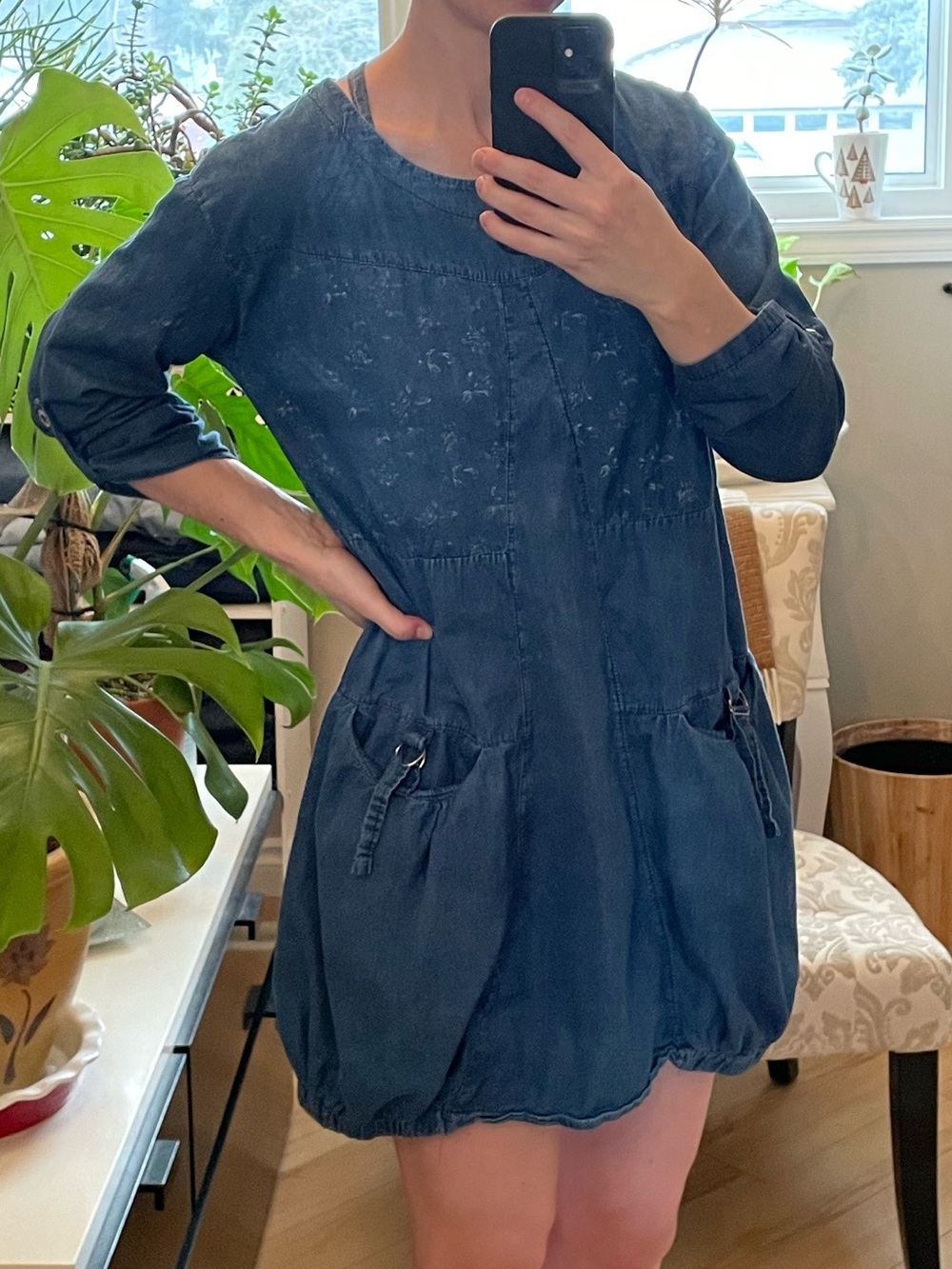 Vintage Bella Made in Italy Denim Long-Sleeve Tunic Dress with Bubble Skirt